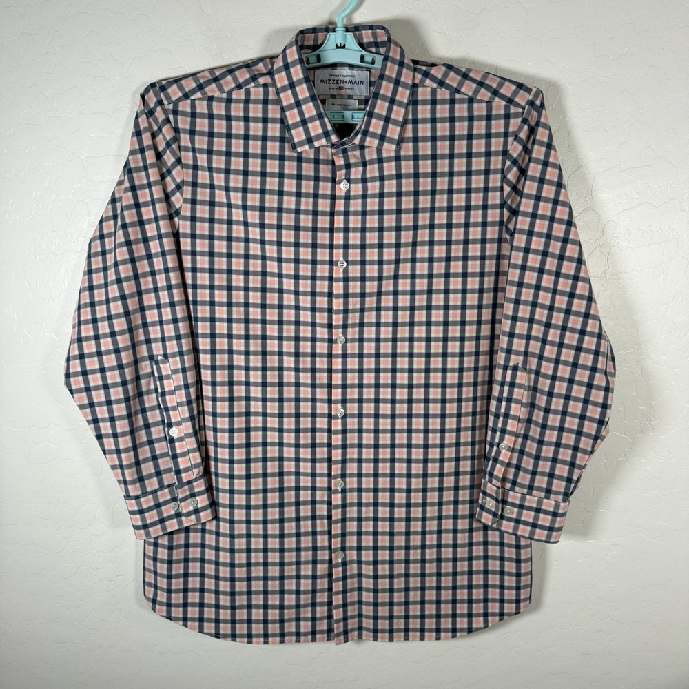 Mizzen Main Leeward Shirt‎ Mens 2XL Trim Blue Pink Plaid Performance Dress Shirt